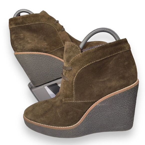 Aquatalia Vianna Weatherproof Suede Wedge Booties Olive Women's 9 - Picture 1 of 11